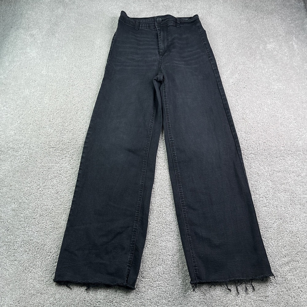 OAT New York Jeans Women 6 28 Black Wide Leg High Rise Raw Hem Stretch Denim - Picture 1 of 10
